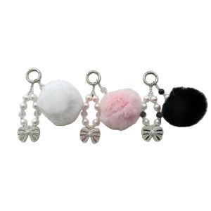 True Rabbit Hairy Ball Pearl Luggage Pendant Full Diamond Bow Keychain Crystal Phone Case Chain