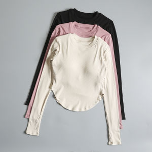 Spring Fitness Long Sleeve Womens Sports Top with Chest Pad Quick Drying Moisture Absorbent Yoga Wear for Running