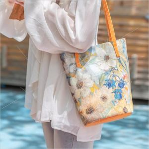 New 2025 Womens Handbag Bucket Bag Canvas Shoulder Bag Floral Oil Painting Large Capacity Commuting Bag Casual Style Magnetic Buckle