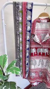 set 3 ชิ้น เสื้อเชิ้ตลายช้าง + กางเกงช้างขายาวกับสายผูกโบว์ TT22390