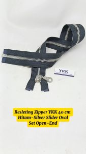 Resleting Zipper YKK 40 cm atau 16 inch Hitam Silver Slider Oval Set Open End Buka Lepas Harga Per Biji