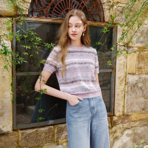 XIANGYING | Dopamine Stripes Loose Knit Short Sleeve Shirt