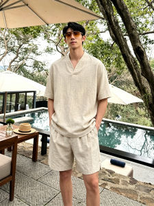 OUMULONG | Bộ Đồ Linen Dành Cho Mùa Hè Bao Gồm Áo Thun V-neck và Quần Short