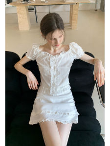 Áo Sơ Mi Nữ Tay Bồng Thêu Viền Ren Cổ Vuông EGGKA Chất Liệu Polyester Phong Cách Pháp Thường Ngày Mùa Hè Ngắn