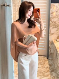 YUEZHONGWEI | French Cape Off-shoulder Ice Silk Knitted Top