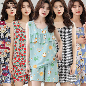 Summer Ladies Loose Silk Sleepwear Sleeveless Set Home Mom Artificial Cotton Large Size Thin round Neck Regular Length