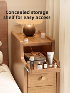 Solid Wood Bedside Table Narrow Edge Small Storage Cabinet for Bedroom Multi-Functional Vintage Style No Assembly Required