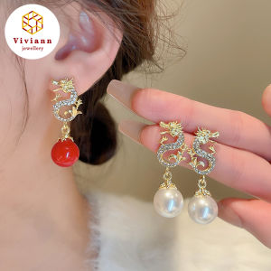 Viviann Original Chinese New Year Red Dragon Earrings Red Dragon Dangle Earrings for Women Chinese Style Hollow Carving Vintage 2024 New Year Animal Earring Girls Party Jewelry Gift