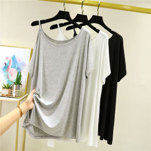 เสื้อยืดแขนสั้น Modal สําหรับผู้หญิงฤดูร้อนหลวมพอดีเปิดหลังความยาวกลางยาวสไตล์ลําลองเสื้อผ้าทํางานรูปแบบคลาสสิก