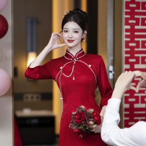 Elegant Artistic Chinese Cheongsam Wedding Dress for Young Women Vintage Style round Collar Mid-Length Skirt Low Slit Warmth