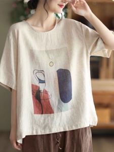 Leak-Picking Special Price ~ Japanese Style Cotton and Linen Short-Sleeved T-shirt Female Summer Loose Retro Slimming Printed Casual Linen Ramie Top