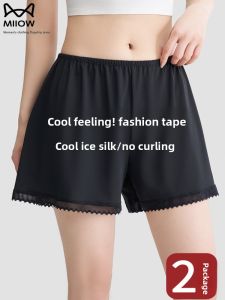 MiiOW | Black Ice Silk Safety Pants Womens Summer Thin Seamless Underwear Anti-Light Short Pants Home Sleepwear Polyester Spandex Blend