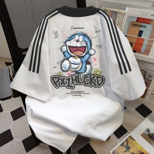 Pure Cotton Three-Stripes American Retro Short Sleeve T-Shirt Womens Fashionable Summer Half Sleeve Top Trendy Brand round Neck