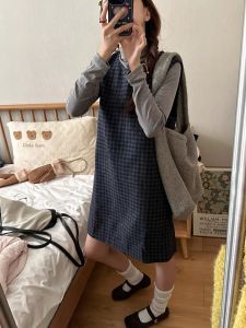 Korean Plaid Woolen Sleeveless Dress Womens Autumn Winter High-End Feelings Personality Matched Layering Vest Skirt Set Dress