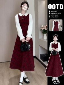 Red Plaid Long Skirt Set Womens Spring Autumn Winter New Years Outfit High Waist A-Line Dress Sweet Japanese Style