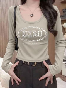 Square Collar Short Heavy Duty Long Sleeve T-Shirt Womens U-Neck Diamond Heating Spring Autumn Base Shirt Design Sense
