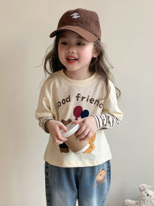 Pure Cotton Cartoon T-Shirt for Girls Spring Autumn Base Layer Shirt Childrens Fashion Design Sense Fake Two-Piece Suit