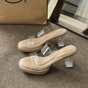 Womens High Heel Sandals Thick Bottom Waterproof Crystal Heel Slip-On Summer Outdoor Shoes Transparent Strap Comfortable Footbed