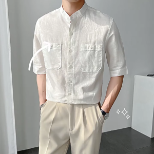 Linen Shirt Mens Stand Collar Polo Shirt Summer Five-quarter Sleeve Casual Office Men Beach Short Sleeve White Shirt