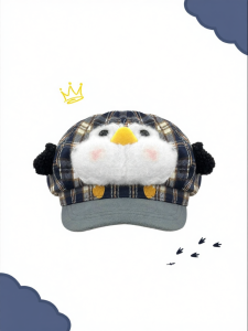 Cute Cartoon Penguin Gingham Check Large Head Circumference Newsboy Cap