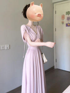 SHULINMEI | V-Neck Pink Sleeveless A-Line Dress