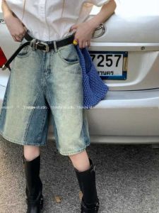 American Retro Gradient Vintage Jeans Shorts Womens High Waist Loose Straight Cut Slimming Five-Quarter Pants Summer Wear