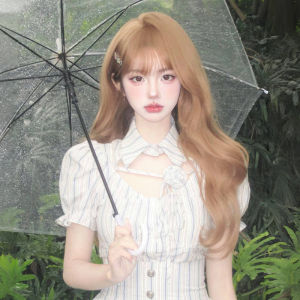 Wig Womens Long Hair Full-Head Wig Milk Tea Champagne Long Curly Hair Big Wave Nature Imitation Full Human Hair Wig Sheath