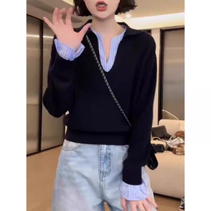 เสื้อสเวตเตอร์ถักลายทางสไตล์เกาหลีสำหรับผู้หญิง ฤดูใบไม้ผลิ ฤดูใบไม้ร่วง ฤดูหนาว แฟชั่นลำลอง แขนยาว ปกติ ปกติ