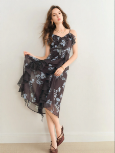 BADINA | Resort French Style High-end Print Ruffle Long Dress