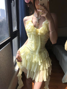 Sweet Waist Cinched Flounce Hem off Shoulder Dress Irregular Design Mini Skirt Style V Neck a Line Silhouette Solid Color