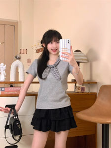 Áo Thun Tay Ngắn Mùa Hè Phong Cách Mới Dành Cho Nữ Áo Thun Cổ Chun Thắt Nơ Kẻ Caro Áo Thun Cotton Áo Thun Tay Ngắn Áo Thun Thường Ngày