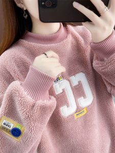 หลวม Fit Lamb ผ้าขนแกะ เสื้อสเว็ตเชิ้ต ผู้หญิง แขนยาว ผ้าขนแกะ มีซับใน ลายพิมพ์ตัวอักษร เสื้อฮู้ด สไตล์เกาหลี เสื้อแจ๊กเก็ตเดินทาง