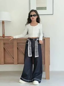 New Straight Leg Cut Jeans for Kids Girls 7-16years old Jeans With Belt Loose Jeans New Fashion High Waist Baggy Pants Denim Jeans Wide Leg Trousers Embroided Design Kids Pants 130-160CM