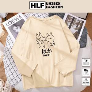 Áo thun dài tay form xuông rộng cotton 100% 2 em thỏ giận nhau paka áo thu đông nữ HLFashion