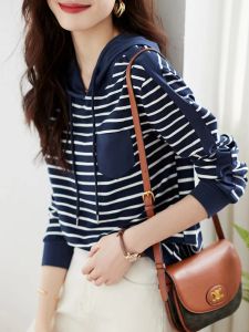 Pure Cotton Hoodie T-shirt Long Sleeve Striped Casual Fashionable Womens Top Slimming Leisure Korean Style Streetwear