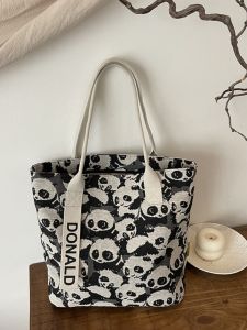 Adorable Panda Canvas Bag Womens Single Shoulder Large Capacity Handbag Double-Sided Printed Travel Shopping Bag Casual Tote