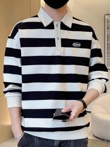 ROMON | Romon Mens Long Sleeve Polo Shirt Casual Striped Sweatshirt Base Layer Trendy Autumn New Style Comfortable Polyester Fiber