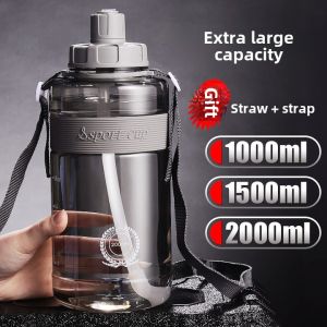 Large Capacity Plastic Water Cup Men Portable Space Cup High Temperature Resistant Fall Protection Strap Straw Sports Water Kettle 2000ml