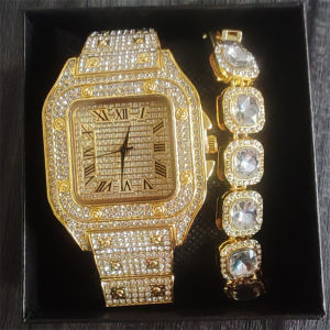 European and American Hip-Hop Men’s Rap Accessories: 12mm Square Rock Sugar Chain, High-Quality Quartz Watch Bracelet, and Cuban Chain Diamond Jewelry Set