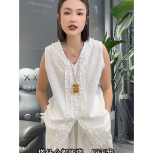 Elegant V-Neck Cotton Linen Sleeveless Shirt Womens Fashion Front Slit Gored Edge Casual Breathable Summer New Arrival