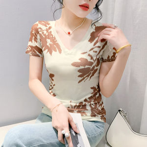 REHIN เสื้อผู้หญิงแขนสั้นเสื้อยืดคอวีตาข่ายลายดอกไม้แฟชั่นใหม่ฤดูร้อน บอดี้สูทหญิง