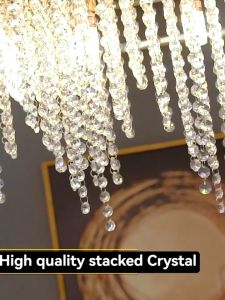 【Free Gift】Tri-Color Led Crystal Lamp Luxury Rectangular Ceiling Light Chandelier Tassel Linear Raindrop Suitable For Dining Room Living Room Corridor Auditorium Kitchen