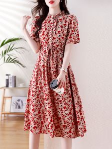 Floral Print Chiffon Dress Womens A-Line Slimming Summer New Style Short Sleeve Long Dress Beautiful Korean Style Commute Dress