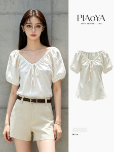PIAOYA | Tailored Waist Puffed Sleeves Tie Short Sleeve Blouse