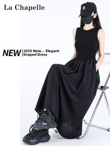 La Chapelle | Black A-Line Waist Cinching Sleeveless Long Dress