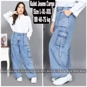 CARGO KULOT JEANS WANITA HIGHWAIST RESLETING MUAT BB 40-75 SIZE L-XL-XXL