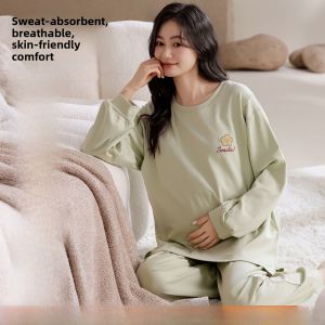 MiiOW | Pure Cotton Maternity Sleepwear Set With Chest Pad Womens Home Clothes Long Sleeve Round Neck Long Skirt And Pants For Pregnant Ladies