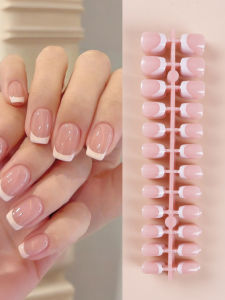 press on nails 240 pcs short square French nails Simple color contrast fun pattern fake nails with 1 file and 1 jelly glue press