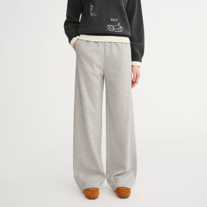 DUSHU | Plus Size Side Seam Front Shift Waist Elastic Loose Fitting Embroidered Straight Casual Warm Trousers