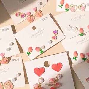 Sweet Style S925 Silver Needle Tulip Heart Shaped Earrings Set for Girls Fashionable Mini Design Korean Style Jewelry Accessories